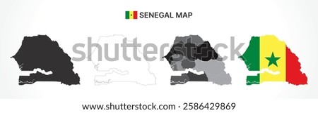 A diverse set of Senegal maps, including a black silhouette, detailed outline, political division map with regions, and a flag-themed version, ideal for educational and design purposes