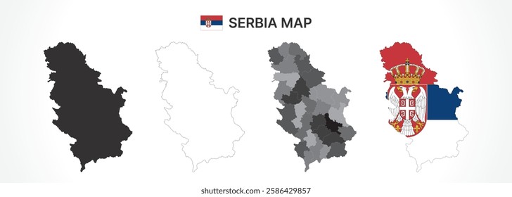 A diverse set of Serbia maps, including a black silhouette, detailed outline, political division map with districts, and a flag-themed version, ideal for educational and design purposes