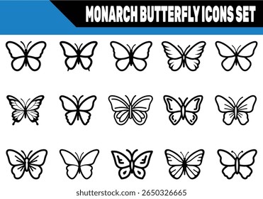 Conjunto diversificado mostra ícones estilizados da linha da borboleta do monarca com desenhos de asas únicos, elegantemente dispostos em um pano de fundo branco limpo para versatilidade excepcional.