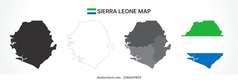 A diverse set of Sierra Leone maps, including a black silhouette, detailed outline, political division map with provinces, and a flag-themed version, ideal for educational and design purposes