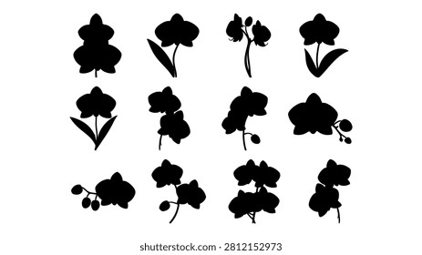 A diverse set of silhouetted flowers showcasing different shapes and sizes, ideal for botanical, nature, or floral themed projects.