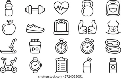 Conjunto diverso de iconos de contorno negro simple que ilustran los componentes esenciales para el seguimiento de los objetivos de fitness, incluidas las máquinas de ejercicio, los suplementos de pesas y las herramientas de medición.