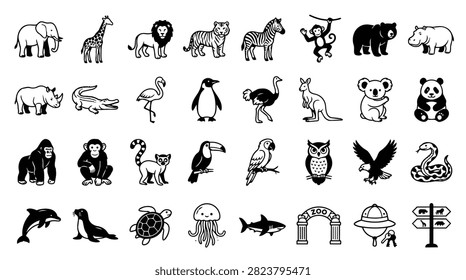 A diverse set of simple black and white illustrations featuring various zoo animals and wildlife creatures.