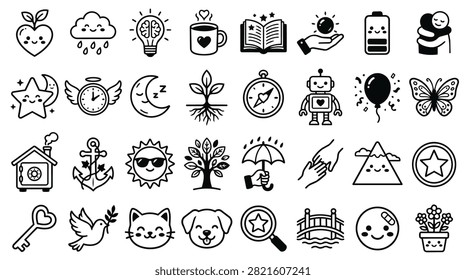 A diverse set of simple, charming hand-drawn icons including emotions, nature, and abstract ideas