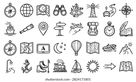 A diverse set of simple doodle icons representing travel, adventure, and exploration themes.