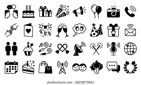 A diverse set of simple, hand-drawn black and white icons representing celebrations, communication, and events.