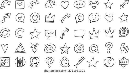 Um conjunto diversificado de ícones e símbolos simples desenhados à mão, incluindo setas, corações, estrelas, coroas, balões de fala e pontos de interrogação.
