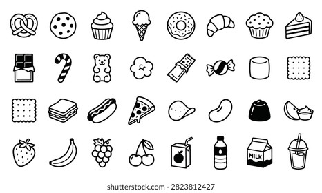 A diverse set of simple, hand-drawn icons representing various food and beverage items.
