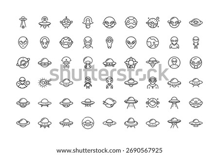 A diverse set of simple, hand-drawn icons featuring aliens, UFOs, and related space elements. Perfect for sci-fi, fantasy, and technology projects.