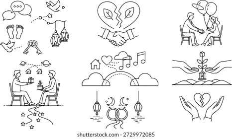 A diverse set of simple line art illustrations showcasing a range of symbols and themes, including love, peace, and celebration, presented in a minimalist style.