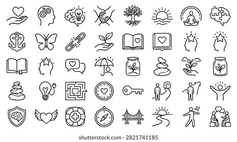 A diverse set of simple line art icons illustrating various abstract concepts and ideas for design.