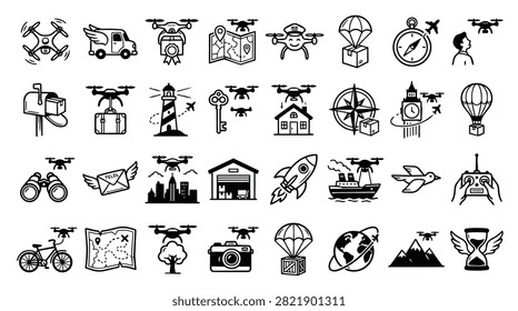 A diverse set of simple line art icons depicting drones, vans, mailboxes, and packages for delivery and logistics.