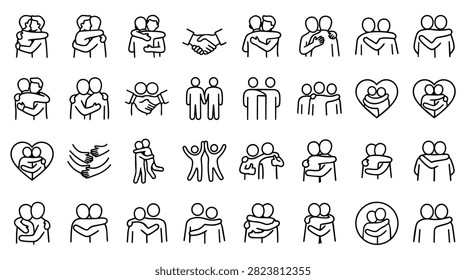 A diverse set of simple line art icons depicting people hugging, holding hands, and forming heart shapes, representing friendship and connection.
