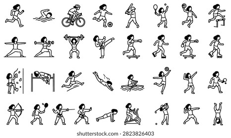 A diverse set of simple line art icons depicting various sports and fitness activities for healthy lifestyle representation.