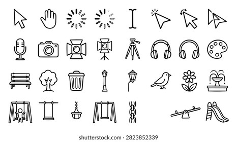 A diverse set of simple line art icons depicting objects and ideas like cursors cameras and audio equipment