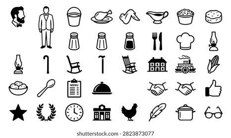 A diverse set of simple line art icons depicting food, people, and objects from a bygone era.