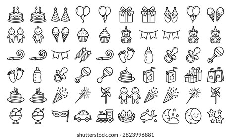 A diverse set of simple line art icons representing birthday celebrations and baby items, perfect for design elements.