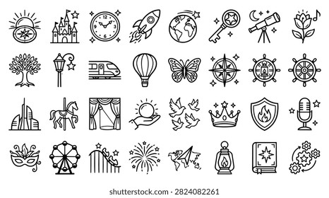 A diverse set of simple line art icons depicting symbols for travel, nature, technology, and more.