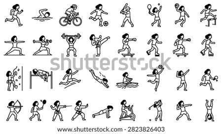 A diverse set of simple line art icons depicting various sports and fitness activities for healthy lifestyle representation.