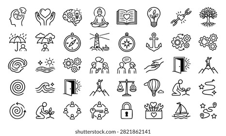 A diverse set of simple line drawings depicting abstract concepts, emotions, and activities for visual communication.