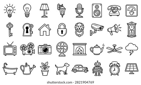 A diverse set of simple line drawings depicting common items and ideas for graphic design