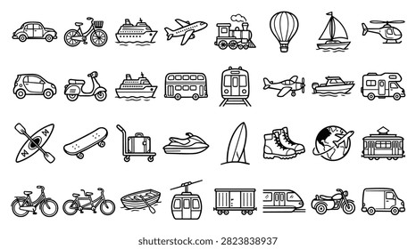 A diverse set of simple line drawings representing various modes of transport and travel items.