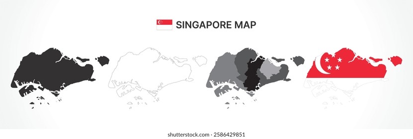 A diverse set of Singapore maps, including a black silhouette, detailed outline, political division map with districts, and a flag-themed version, ideal for educational and design purposes