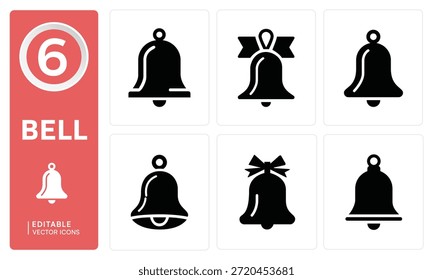 Un conjunto diverso de seis iconos de campanas negras, que muestran varios estilos y decoraciones, presentados sobre un fondo blanco limpio.