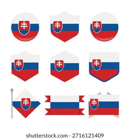 Um conjunto diversificado de bandeiras eslovacas apresentadas em formato circular, hexagonal, escudo e fita, exibindo o emblema nacional.