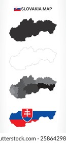 A diverse set of Slovakia maps, including a black silhouette, detailed outline, political division map with regions, and a flag-themed version, ideal for educational and design purposes
