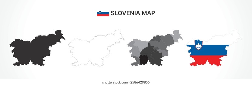 A diverse set of Slovenia maps, including a black silhouette, detailed outline, political division map with regions, and a flag-themed version, ideal for educational and design purposes