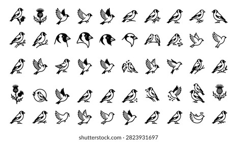 A diverse set of small bird icons and silhouettes showcasing different flight and standing positions, along with thistle emblems.