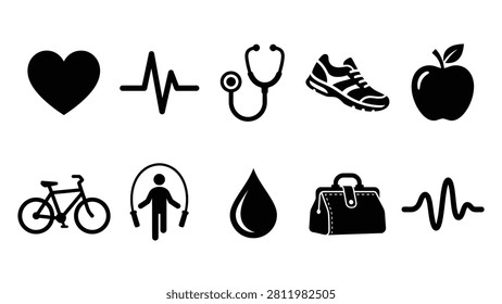 Diverse set of solid black icons showing vital health signs stethoscope medical case running shoes apple bicycle fitness person drop of fluid and heartbeat patterns designed for web interfaces mobile applications and print media related to healthy living and professional clinical services.