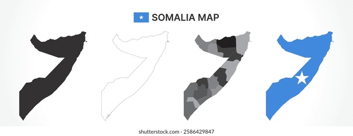 A diverse set of Somalia maps, including a black silhouette, detailed outline, political division map with regions, and a flag-themed version, ideal for educational and design purposes