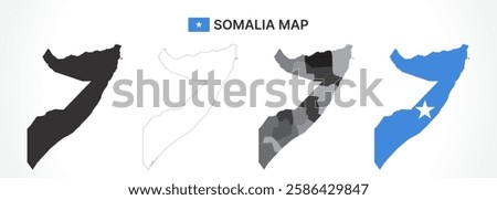 A diverse set of Somalia maps, including a black silhouette, detailed outline, political division map with regions, and a flag-themed version, ideal for educational and design purposes