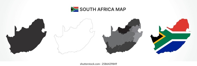 A diverse set of South Africa maps, including a black silhouette, detailed outline, political division map with provinces, and a flag-themed version, ideal for educational and design purposes