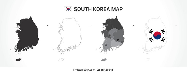 A diverse set of South Korea maps, including a black silhouette, detailed outline, political division map with provinces, and a flag-themed version, ideal for educational and design purposes