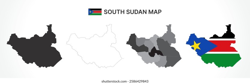 A diverse set of South Sudan maps, including a black silhouette, detailed outline, political division map with states, and a flag-themed version, ideal for educational and design purposes