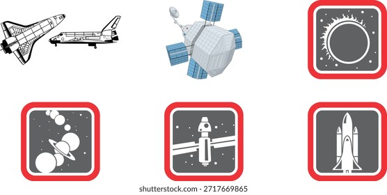 Diverso conjunto de ícones espaciais apresentando veículos de transporte, um satélite orbital, representações do sistema solar e gráficos de lançamento, perfeito para educação científica ou projetos aeroespaciais que precisam de ativos visuais cósmicos detalhados.