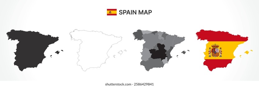 A diverse set of Spain maps, including a black silhouette, detailed outline, political division map with autonomous communities, and a flag-themed version, ideal for educational and design purposes