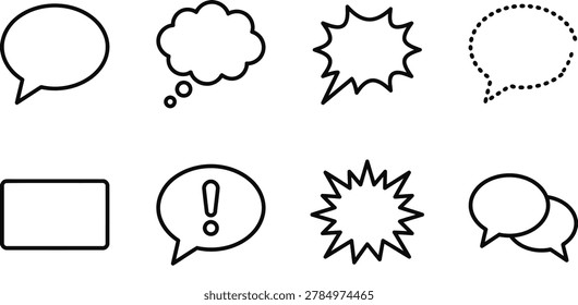 A diverse set of speech and thought bubble icons featuring different shapes, styles, and sizes, suitable for comics, presentations, and graphic design projects.