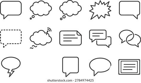 A diverse set of speech and thought bubbles in outline style, featuring different shapes, sizes, and designs, suitable for comics, chat apps, and communication visuals.
