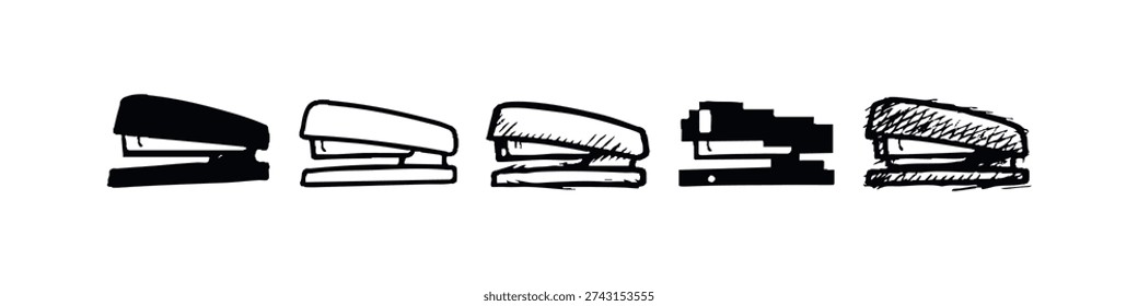 Diverse Set of Stapler Icons: Silhouette, Outline, Sketch, Geometric, and Hatching Styles for Office Stationery