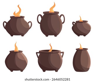 A diverse set of stylized cauldrons are shown, each different in shape and size, and filled with glowing flames, set against a stark white background.