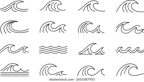 Un conjunto diverso de diseños de olas estilizados y dibujados a mano en blanco y negro, que muestran varias formas y movimientos del agua del océano.