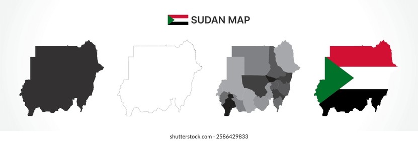 A diverse set of Sudan maps, including a black silhouette, detailed outline, political division map with states, and a flag-themed version, ideal for educational and design purposes