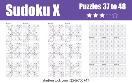 Eine vielfältige Reihe von Sudoku X-Puzzles mit diagonaler Logik für Mittelstufenenthusiasten. Umfasst die Netze 37-48 mit Komplettlösungen für mentale Herausforderungen.