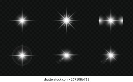 Um conjunto diversificado de efeito de luz solar com clarões de lente, raios de sol e transições de luz contra um fundo quadriculado transparente