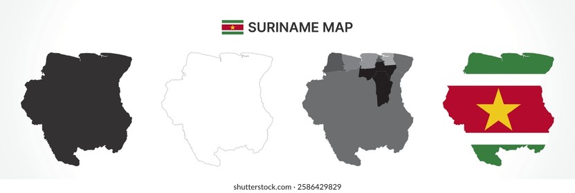 A diverse set of Suriname maps, including a black silhouette, detailed outline, political division map with districts, and a flag-themed version, ideal for educational and design purposes