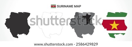 A diverse set of Suriname maps, including a black silhouette, detailed outline, political division map with districts, and a flag-themed version, ideal for educational and design purposes